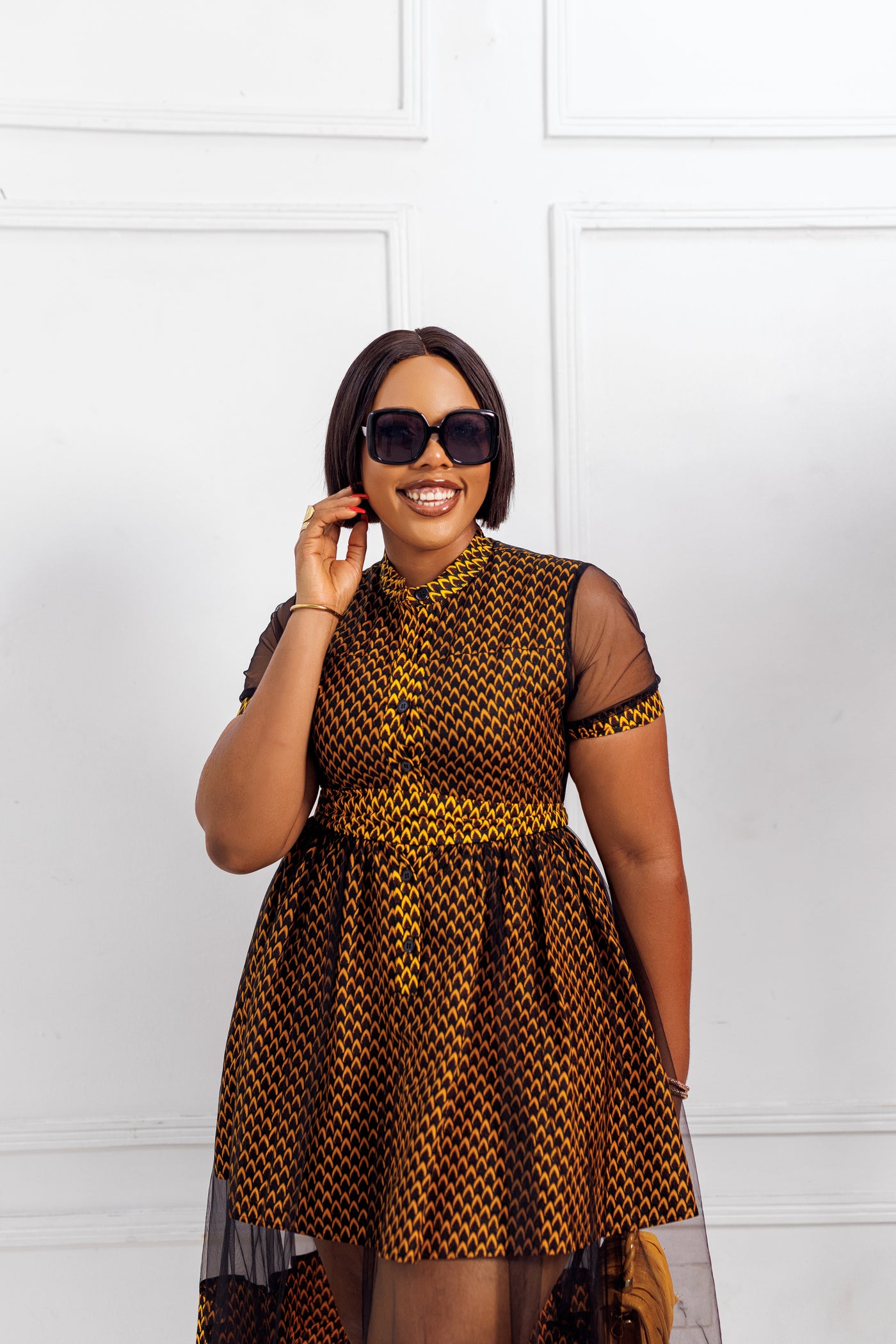 VALENTINA AFRICAN PRINT BUTTON MESH DRESS