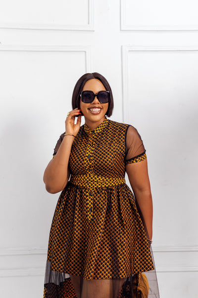 VALENTINA AFRICAN PRINT BUTTON MESH DRESS