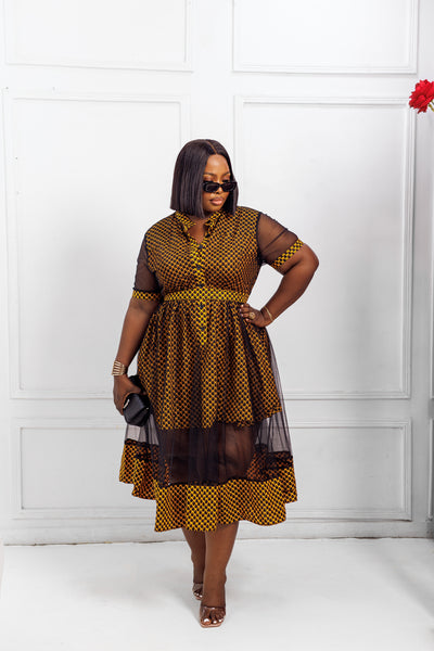 VALENTINA AFRICAN PRINT BUTTON MESH DRESS