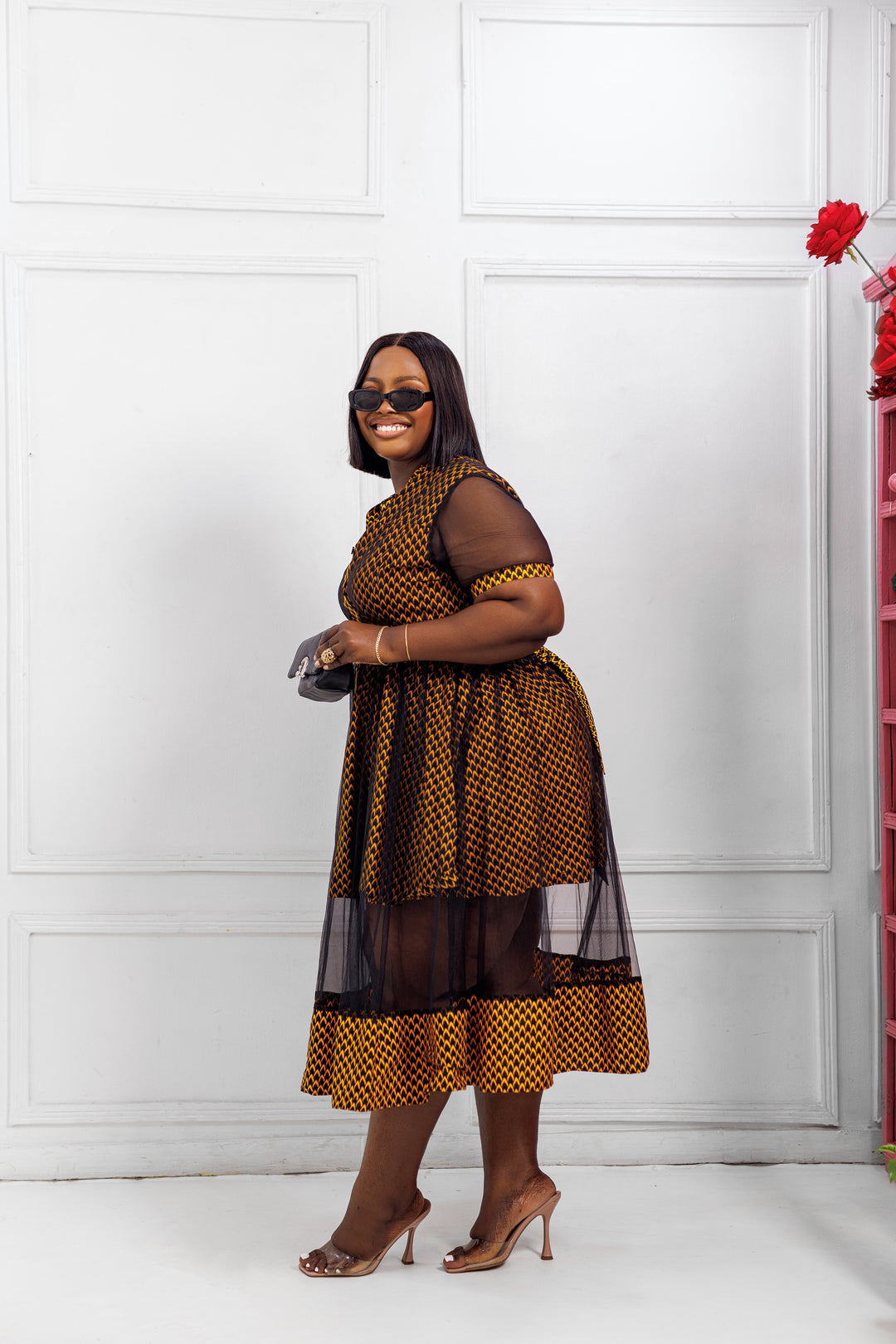 LEILA AFRICAN PRINT BUTTON MESH DRESS