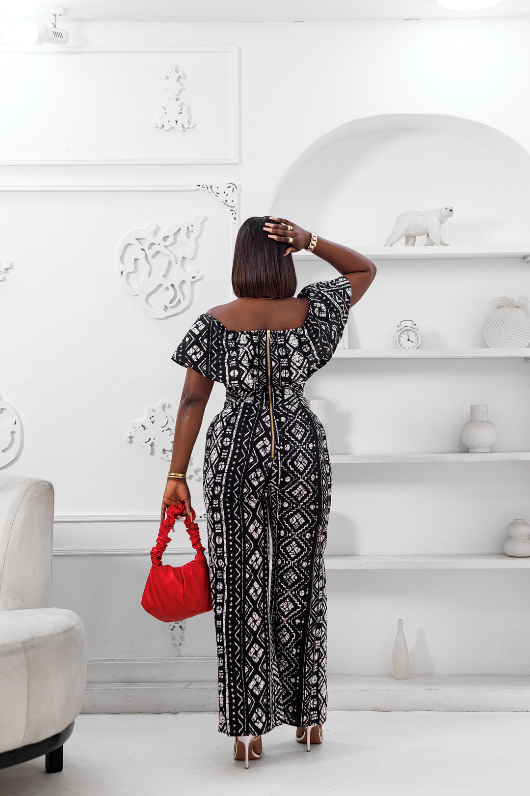 NANA AFRICAN PRINT OFF SHOULDER JUMPSUIT [BLACK]