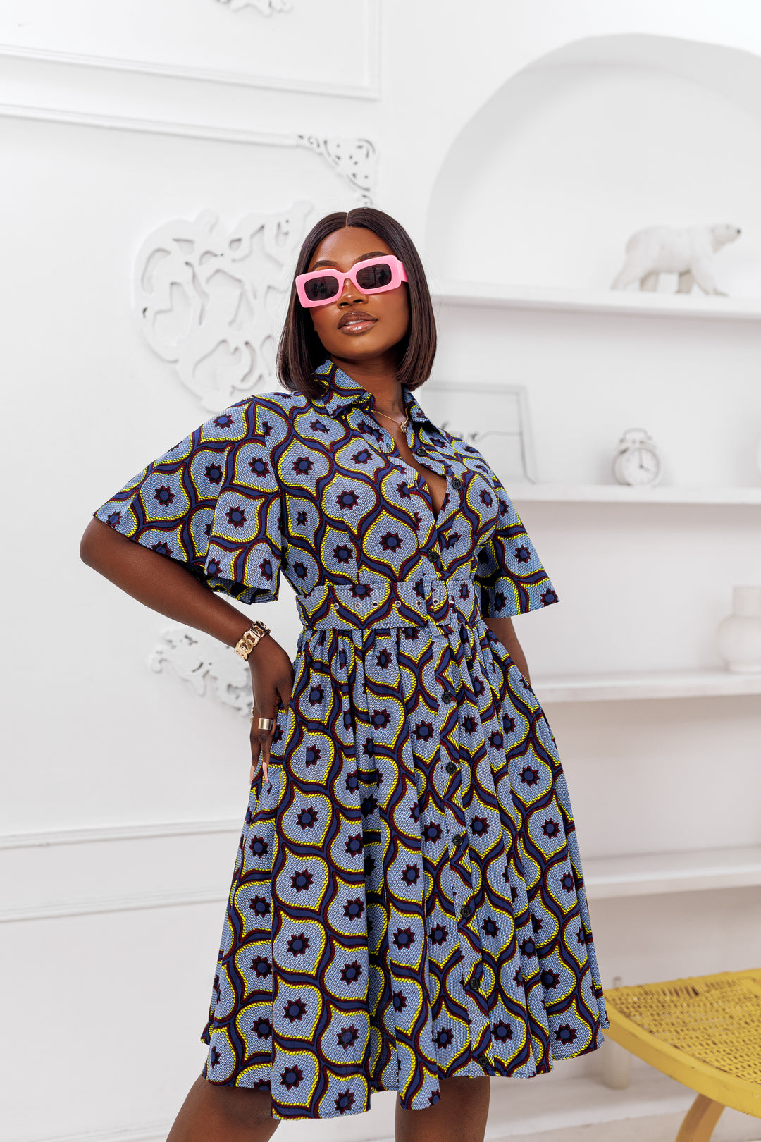 LALA AFRICAN PRINT FLARE SLEEVE BUTTON DRESS
