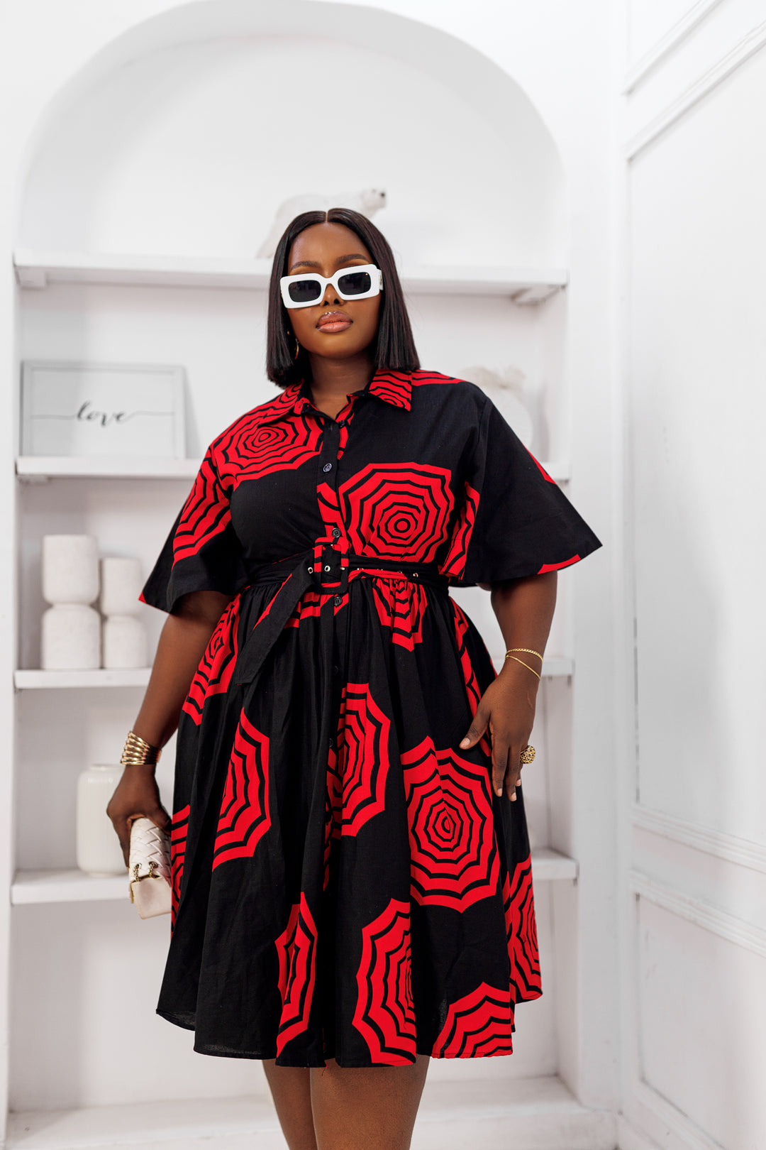 LALA AFRICAN PRINT FLARE SLEEVE BUTTON DRESS [RED]