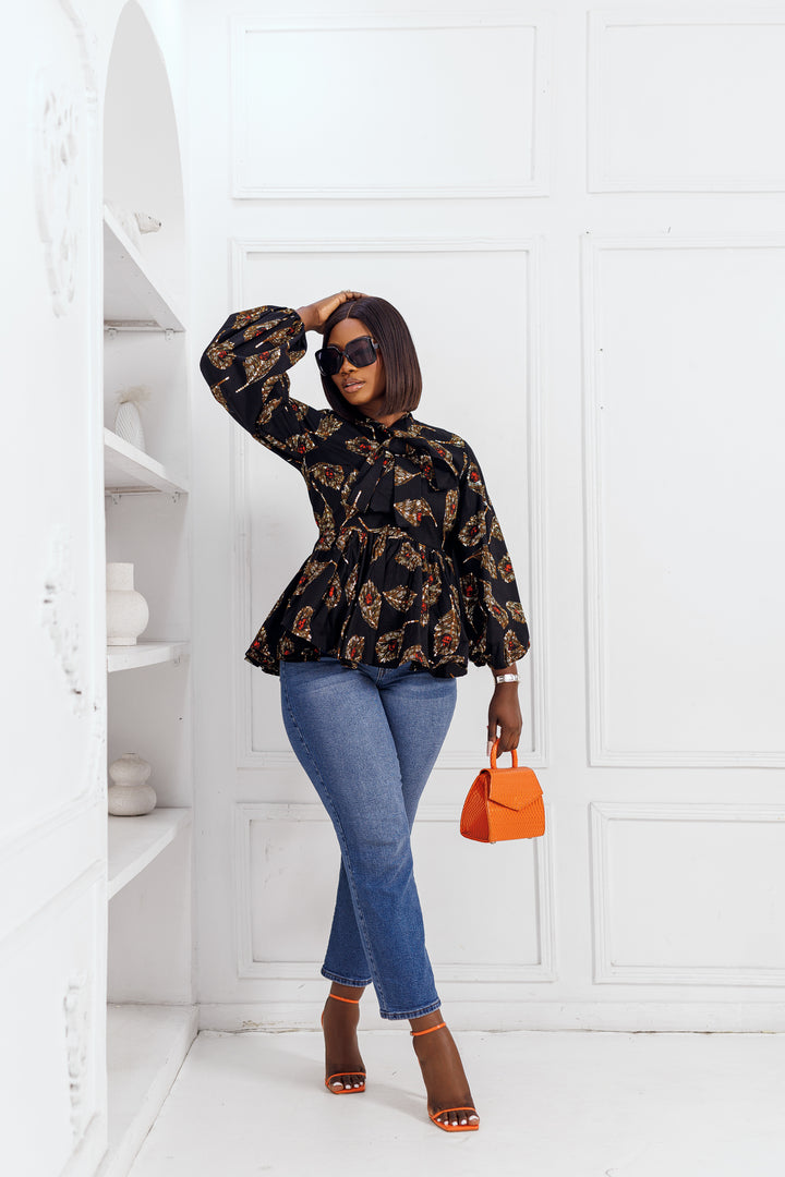 BIBI AFRICAN PRINT PUFF SLEEVE TOP [BLACK]