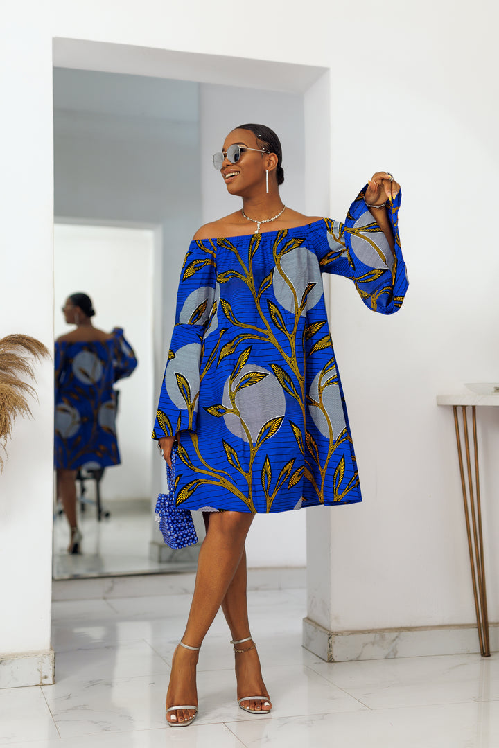 TIYE AFRICAN PRINT OFF SHOULDER DRESS [BLUE]
