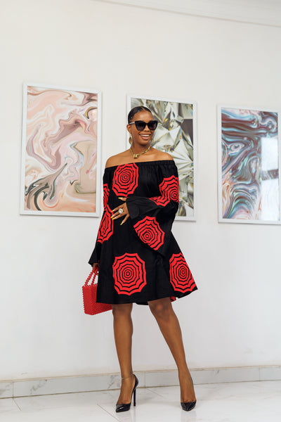 TIYE AFRICAN PRINT OFF SHOULDER DRESS