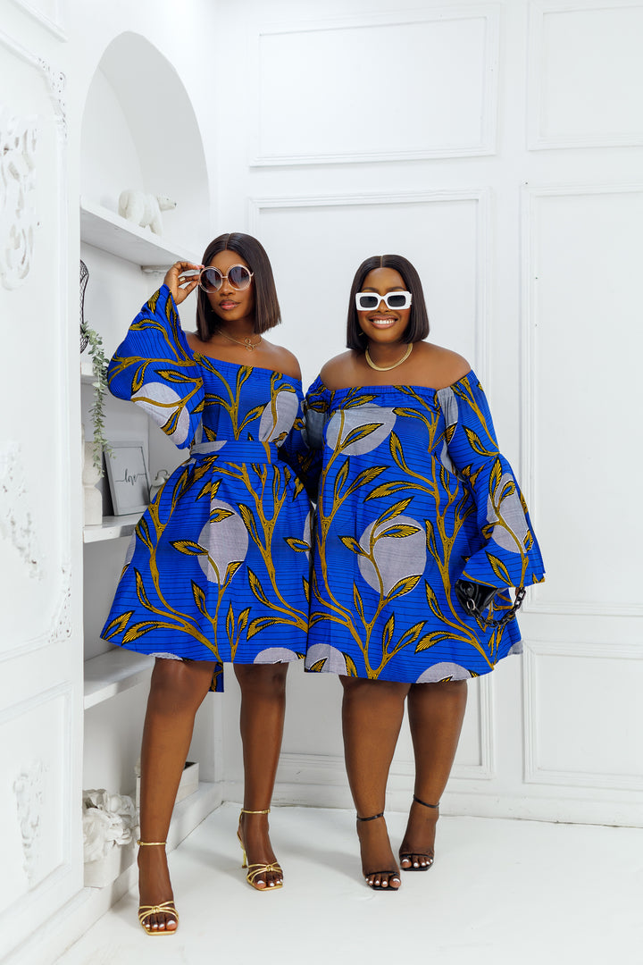 TIYE AFRICAN PRINT OFF SHOULDER DRESS [BLUE]