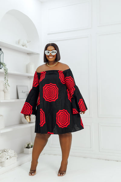 TIYE AFRICAN PRINT OFF SHOULDER DRESS