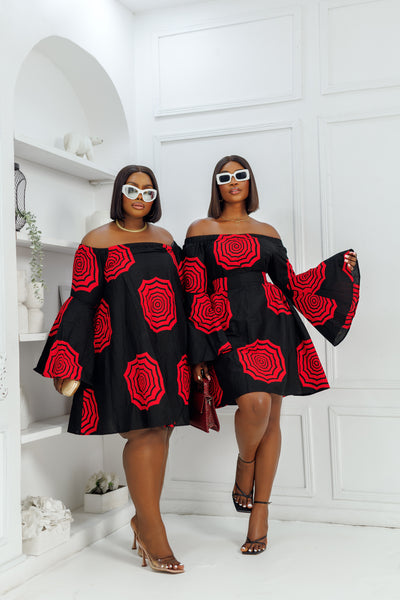 TIYE AFRICAN PRINT OFF SHOULDER DRESS