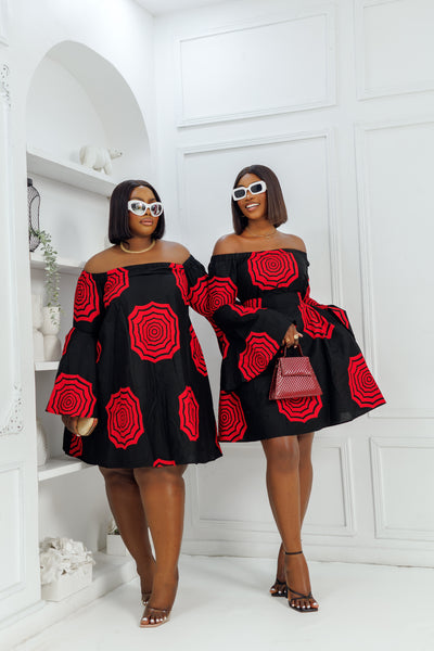 TIYE AFRICAN PRINT OFF SHOULDER DRESS