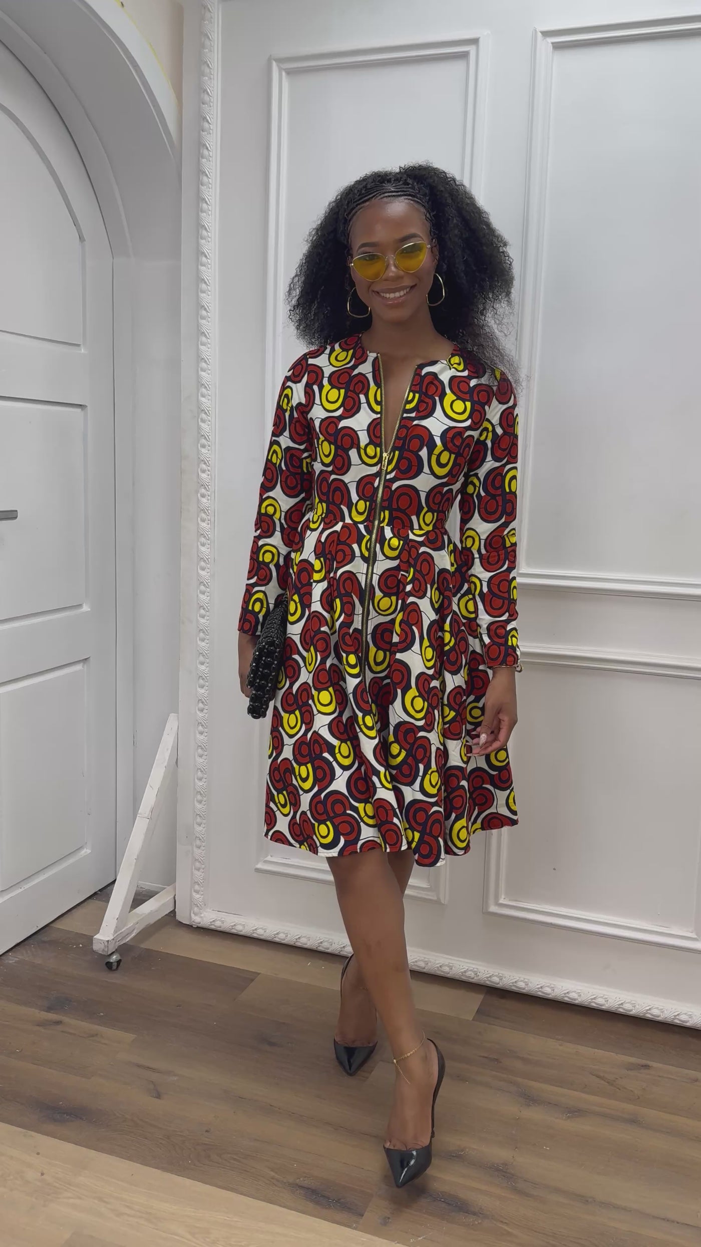 KEITA AFRICAN PRINT ZIP FRONT FLARE DRESS [MULTICOLOR]