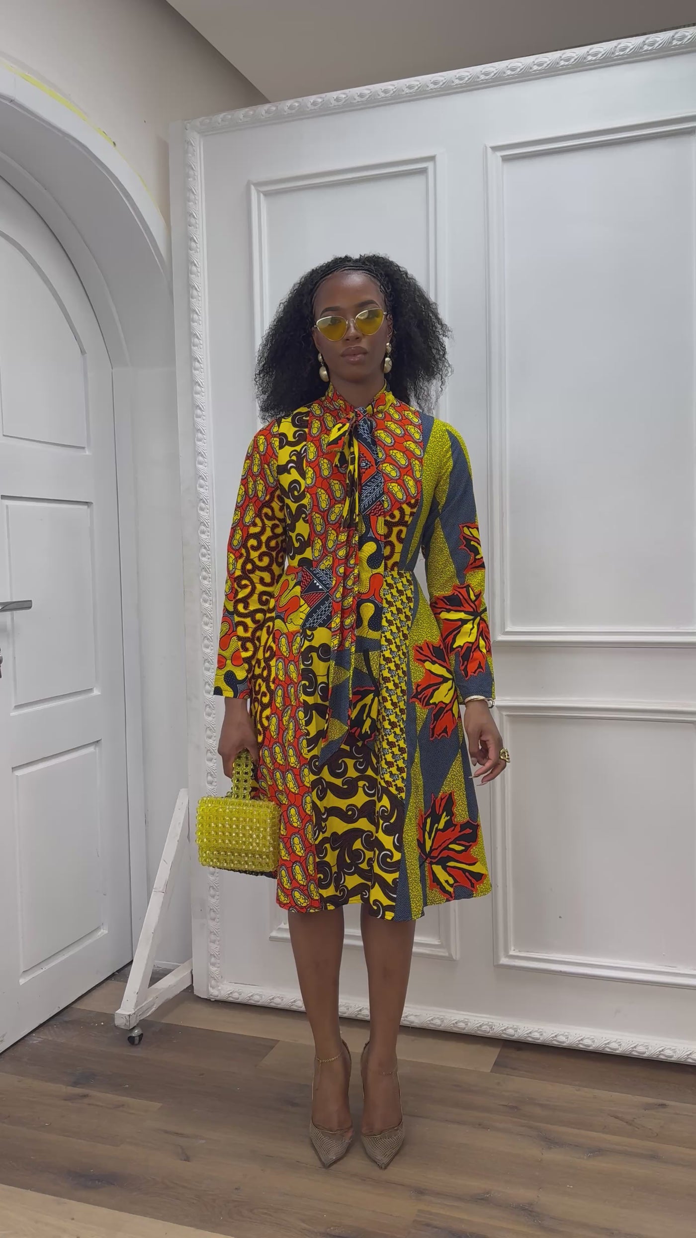 GILDA AFRICAN PRINT TIE-NECK MIDI DRESS [PATCHWORK]