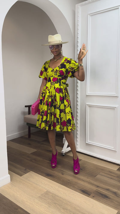 TARAJI AFRICAN PRINT PUFF SLEEVE DRESS [MULTICOLOR]