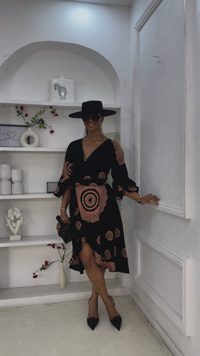 ANA AFRICAN PRINT MIDI WRAP DRESS [BLACK]