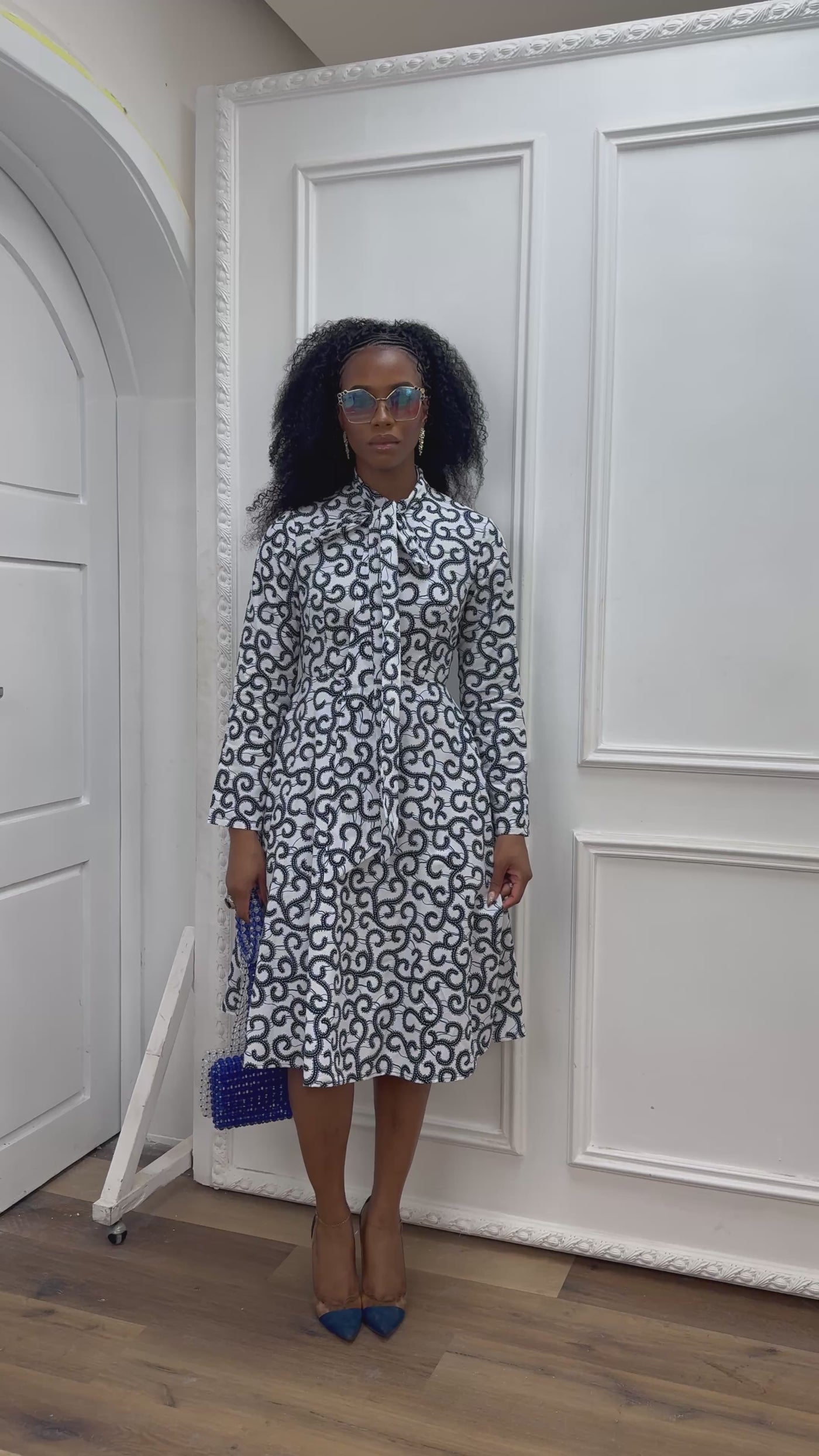 GILDA AFRICAN PRINT TIE-NECK MIDI DRESS