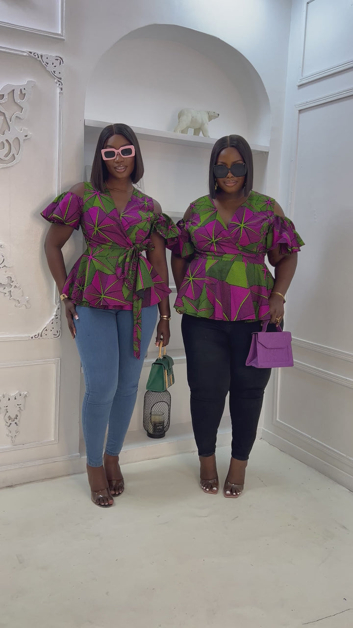 JEMIMA AFRICAN PRINT COLD SHOULDER WRAP TOP