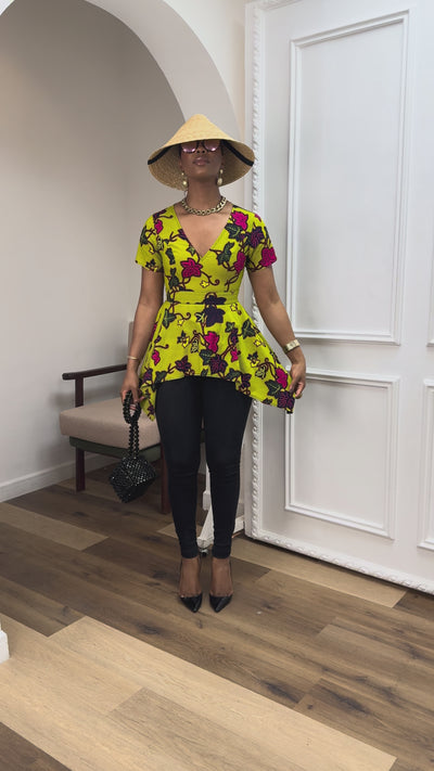 EBUN AFRICAN PRINT ASYMMETRIC PEPLUM TOP [GREEN]