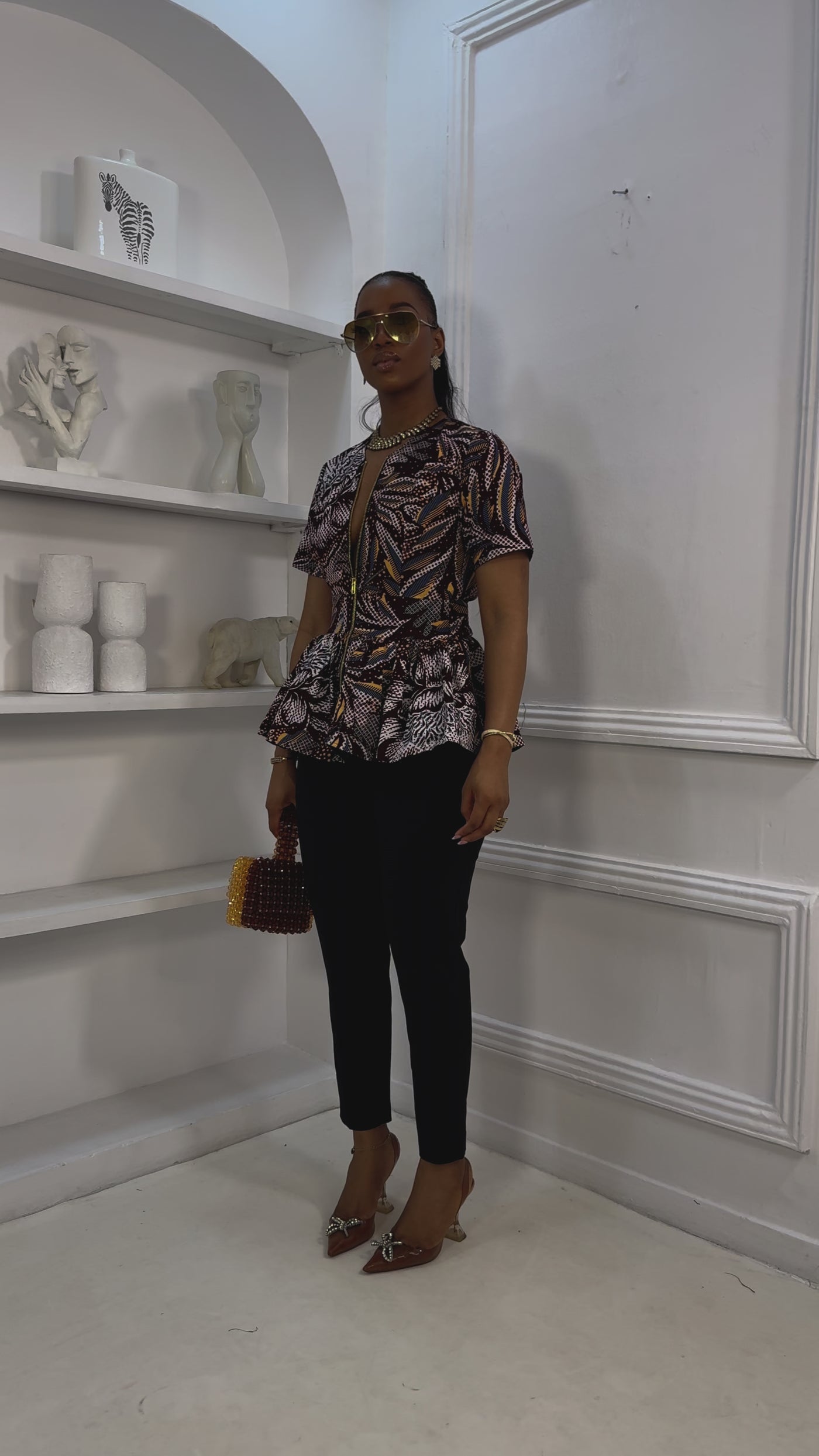 DUNNI AFRICAN PRINT FRONT ZIP PEPLUM TOP [MULTICOLOR]