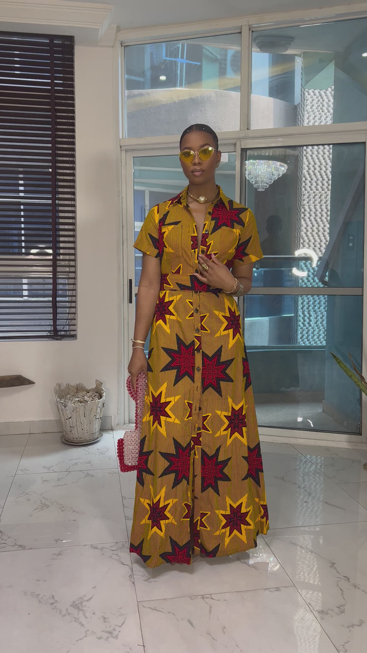 QUEEN NANNY AFRICAN PRINT MAXI A-LINE SHIRT DRESS