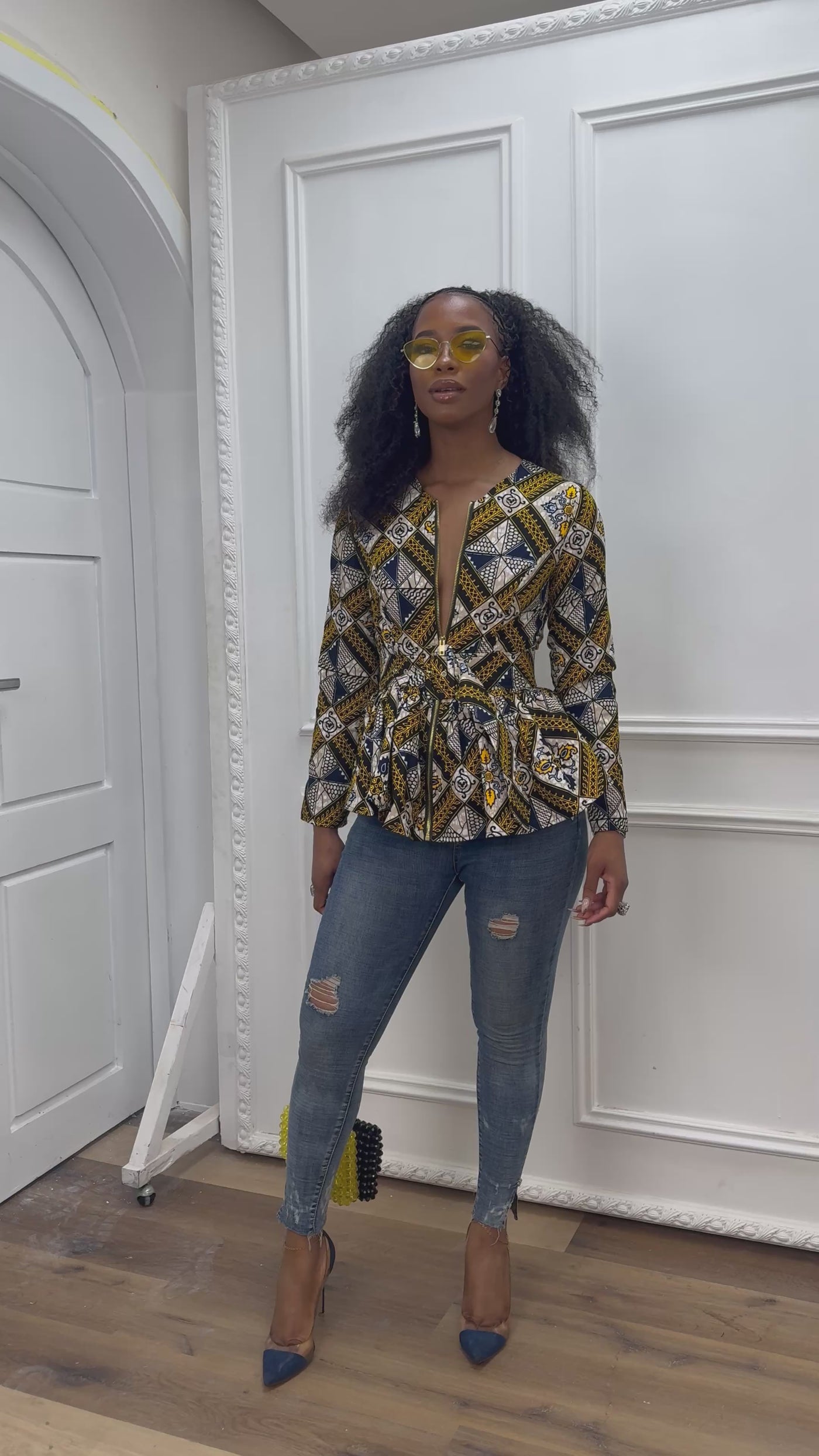 GABRIELLA AFRICAN PRINT FRONT ZIPPER PEPLUM TOP