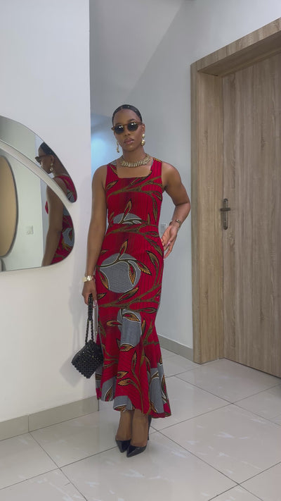EYI AFRICAN PRINT SLEEVELESS SCOOP NECK DRESS [RED]