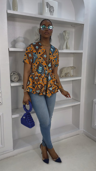 DUNNI AFRICAN PRINT FRONT ZIP PEPLUM TOP [YELLOW]