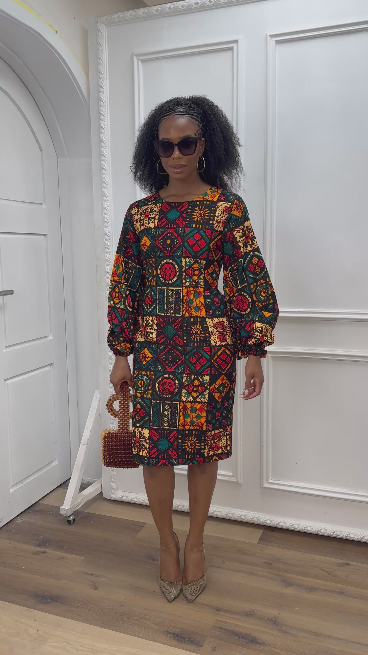 ZORA AFRICAN PRINT PUFF SLEEVE MIDI DRESS [PATCHWORK]