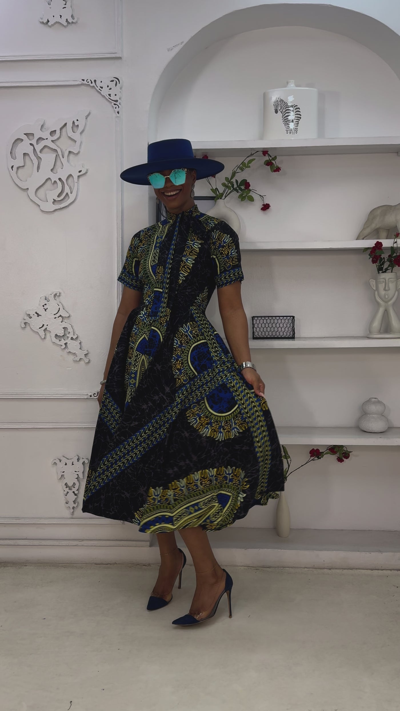ANGELINA AFRICAN PRINT TIE NECK MIDI DRESS [BLUE]