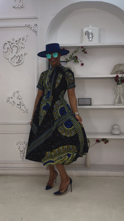 ANGELINA AFRICAN PRINT TIE NECK MIDI DRESS [BLUE]