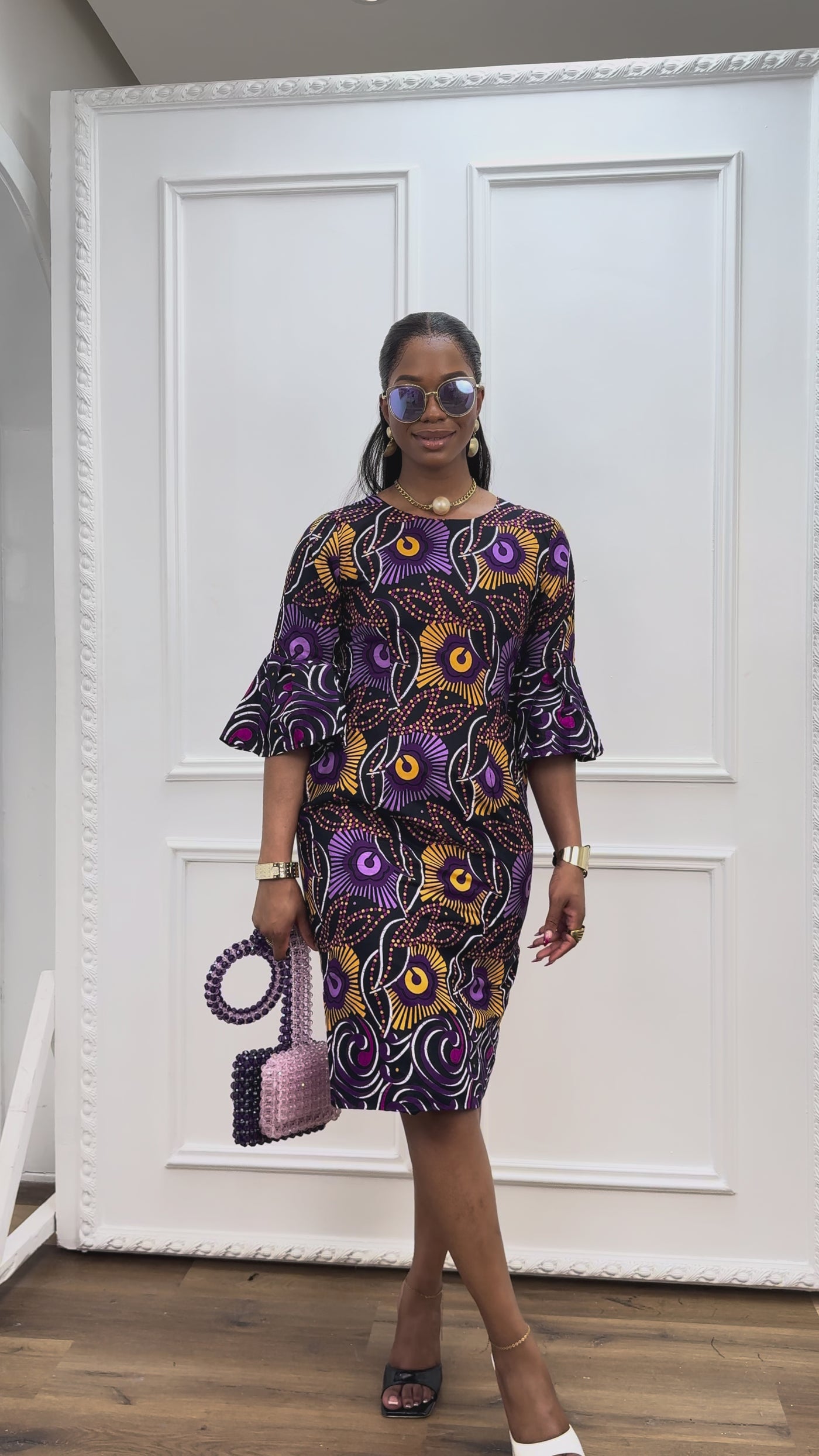 african midi dress with sleeves TASSI AFRICAN PRINT BELL SLEEVE MIDI DRESS [PURPLE] – MAE OTTI