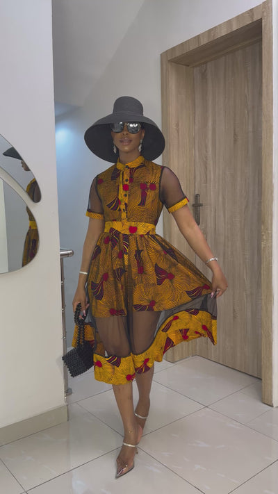 VALENTINA AFRICAN PRINT BUTTON MESH DRESS [ORANGE]