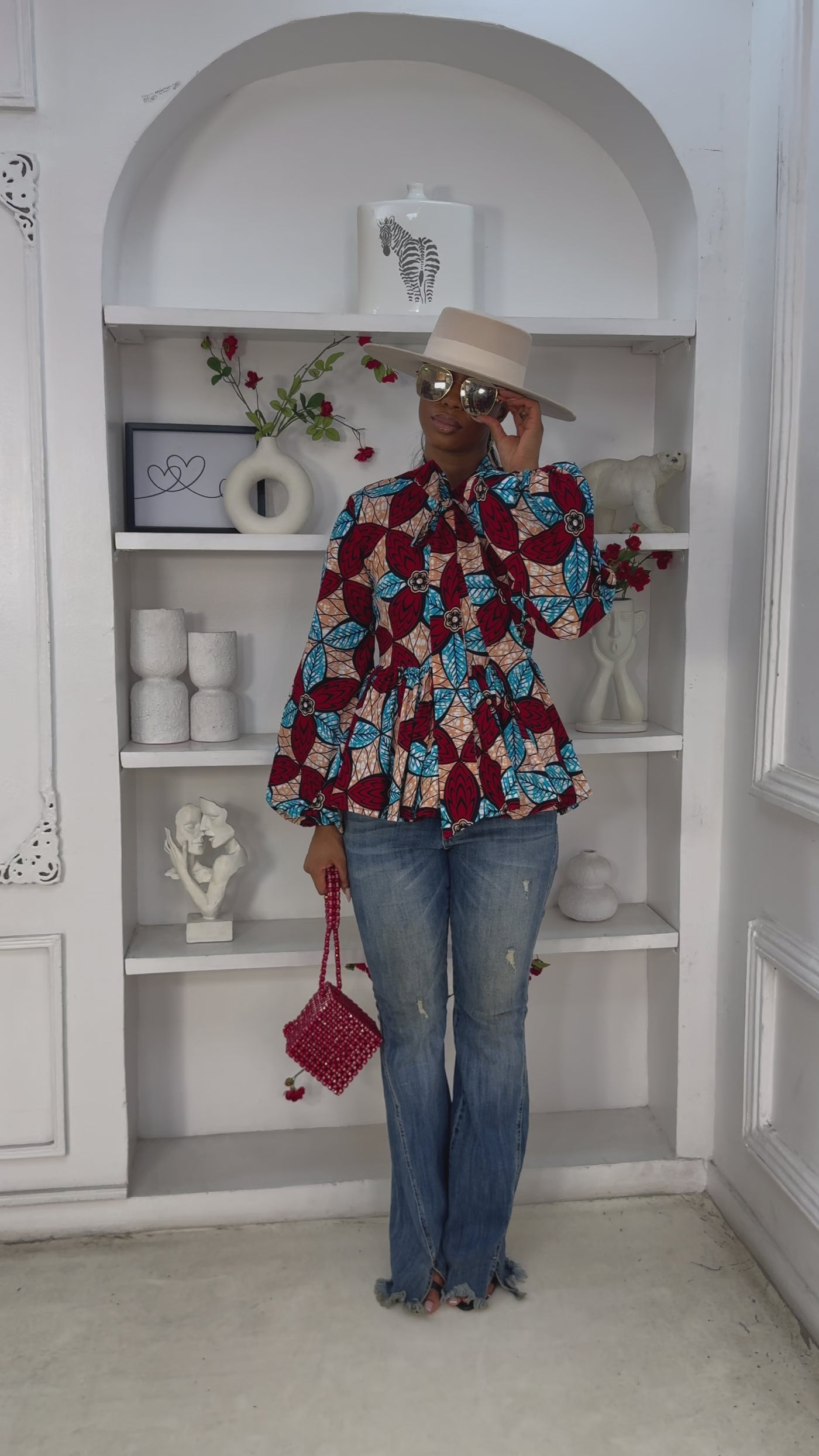 BIBI AFRICAN PRINT PUFF SLEEVE TOP [RED]