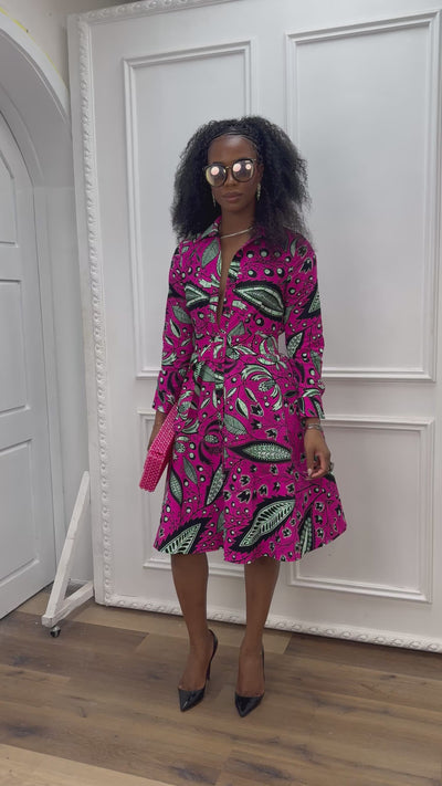 ELIZABETH AFRICAN PRINT BUTTON DOWN DRESS [PINK]
