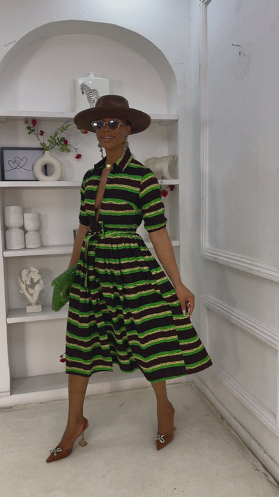MOREMI AFRICAN PRINT BUTTON DOWN DRESS [GREEN]