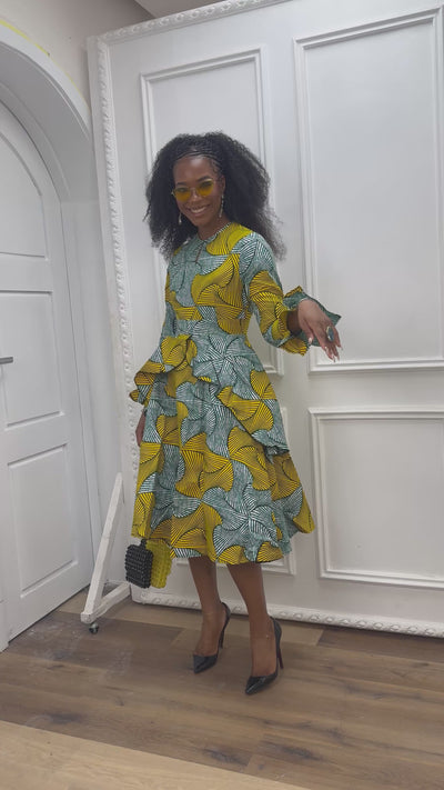 KOFI AFRICAN PRINT LAYERED FLARE MIDI DRESS [TEAL GREEN]