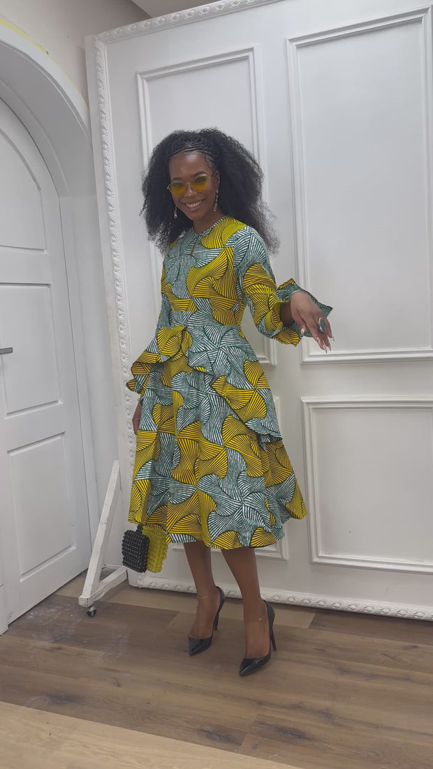 KOFI AFRICAN PRINT LAYERED FLARE MIDI DRESS [TEAL GREEN]----FINAL