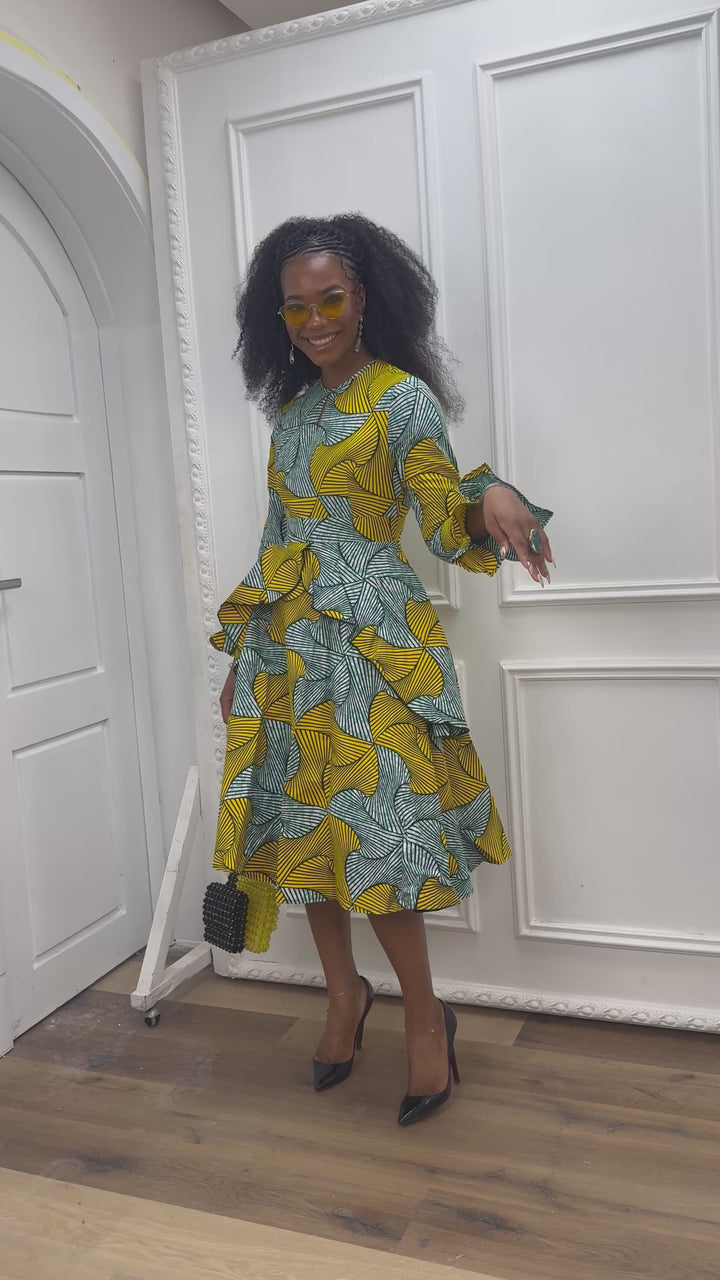 KOFI AFRICAN PRINT LAYERED FLARE MIDI DRESS [TEAL GREEN]----FINAL