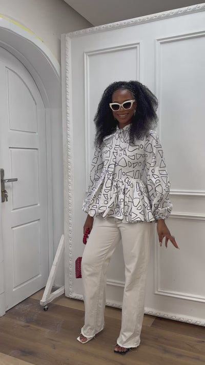 BIBI AFRICAN PRINT TIE NECK PEPLUM TOP [WHITE]
