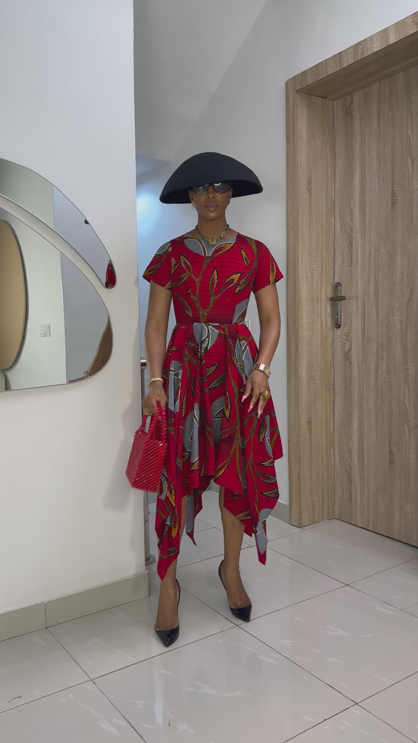 KARIMAH AFRICAN PRINT HANDKERCHIEF HEM DRESS [RED]