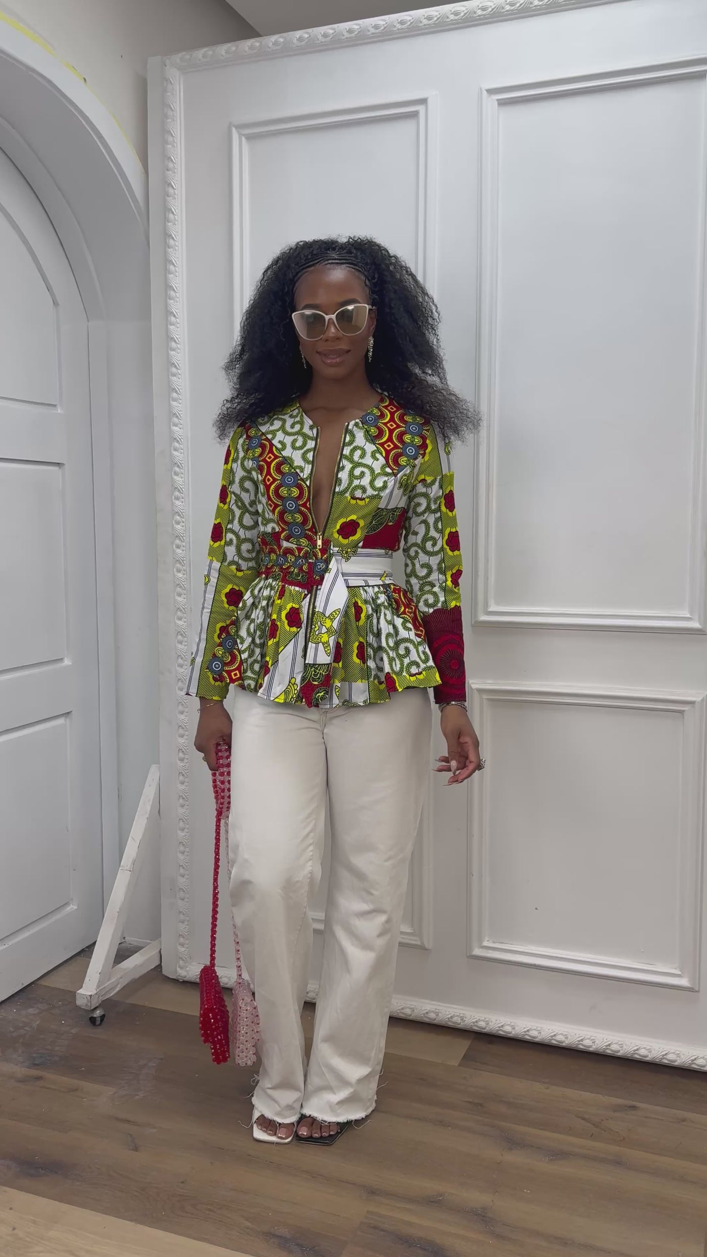 GABRIELLA AFRICAN PRINT FRONT ZIPPER PEPLUM TOP [MULTICOLOR]