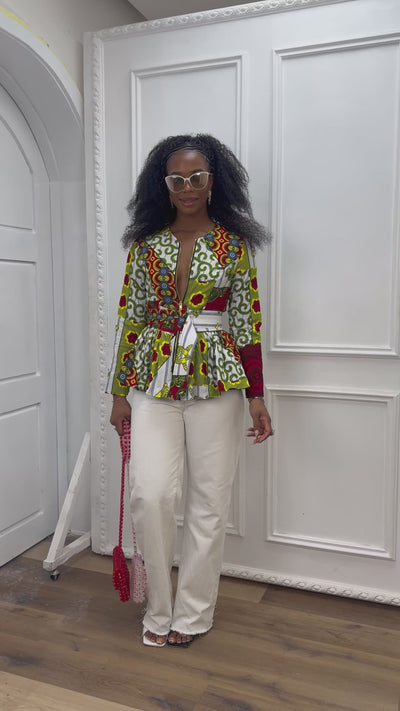 GABRIELLA AFRICAN PRINT FRONT ZIPPER PEPLUM TOP [MULTICOLOR]