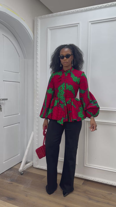 BIBI AFRICAN PRINT TIE NECK PEPLUM TOP [RED]