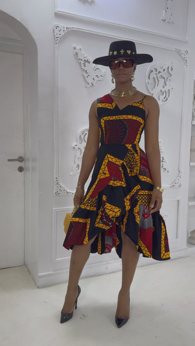 REMI AFRICAN PRINT SCALLOP PLEATED DRESS [RED]