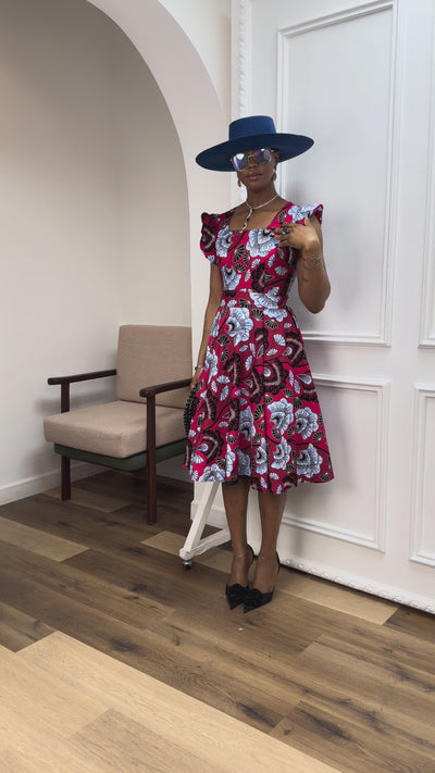 MALIKA AFRICAN PRINT FRILL SLEEVE DRESS [RED]