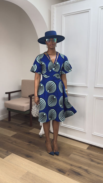 TOSIN AFRICAN PRINT FLUTTER SLEEVE DRESS [BLUE]