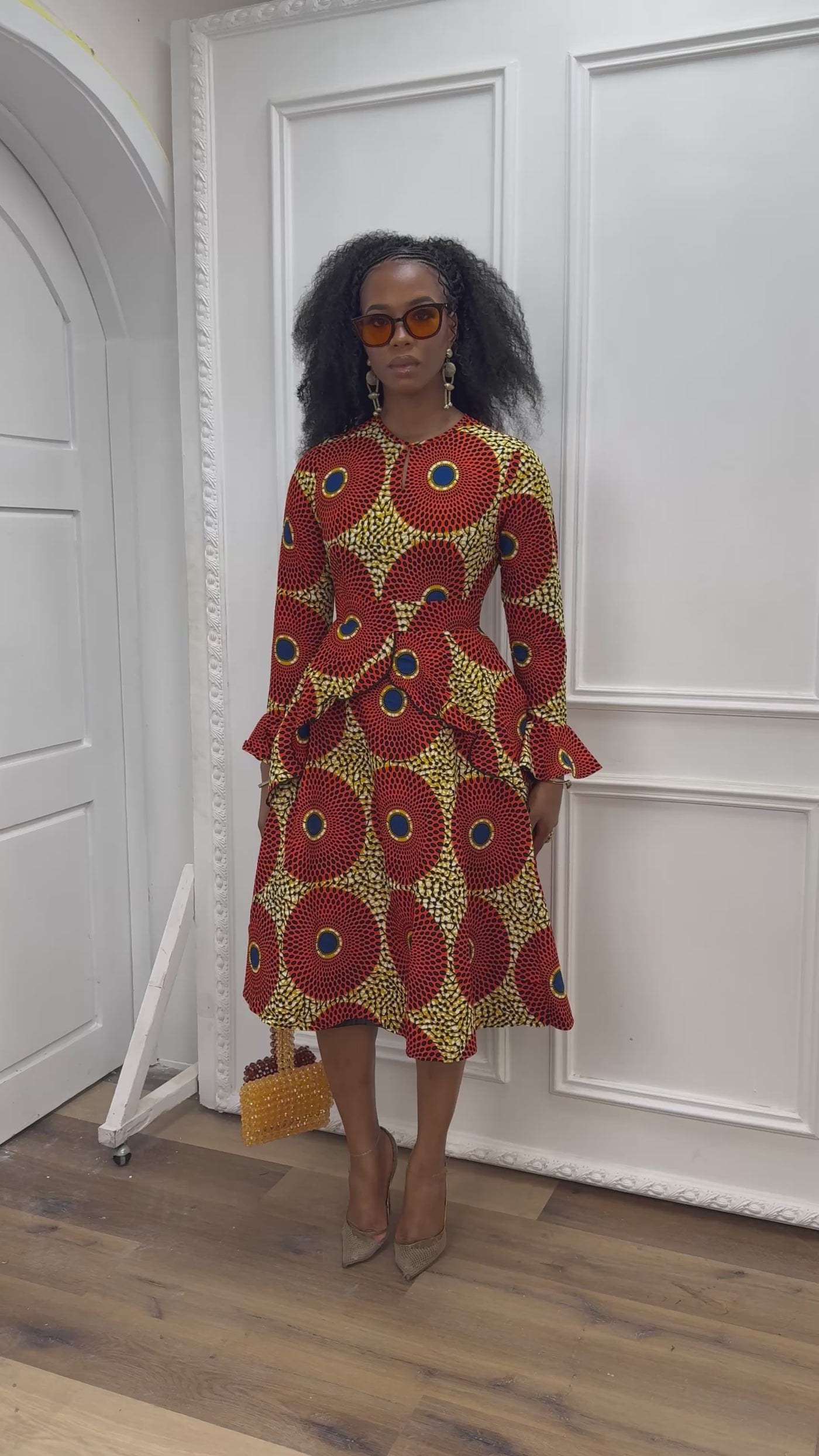 KOFI AFRICAN PRINT LAYERED FLARE MIDI DRESS [ORANGE]