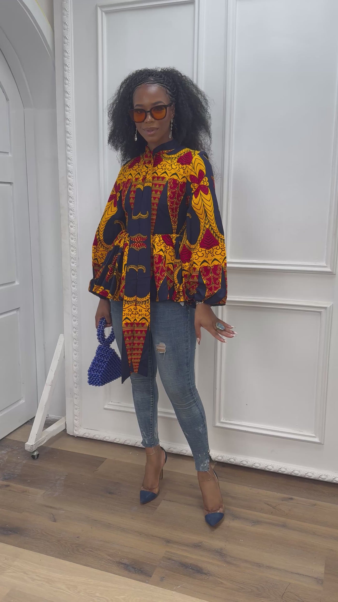 BIBI AFRICAN PRINT TIE NECK PEPLUM TOP [ORANGE]