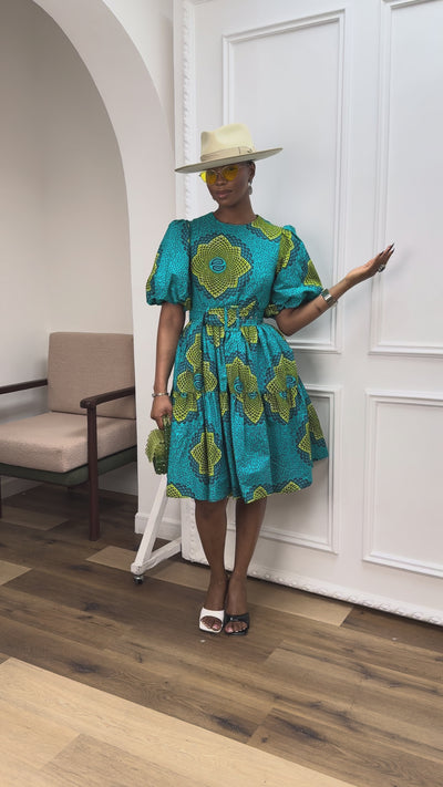 BUNMI AFRICAN PRINT MIDI DRESS [TEAL BLUE]