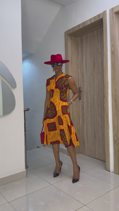 RAISA AFRICAN PRINT SLEEVELESS MIDI DRESS [ORANGE]