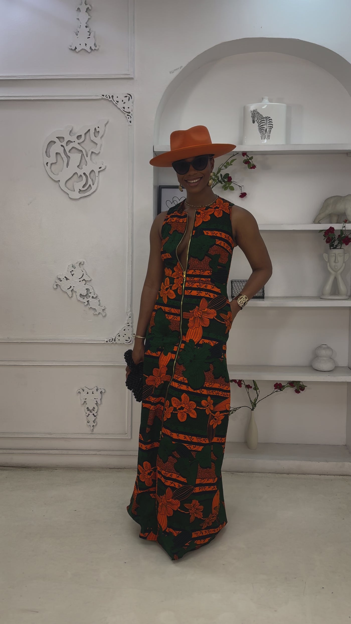 HALIMA AFRICAN PRINT MAXI FRONT ZIP DRESS [ORANGE]